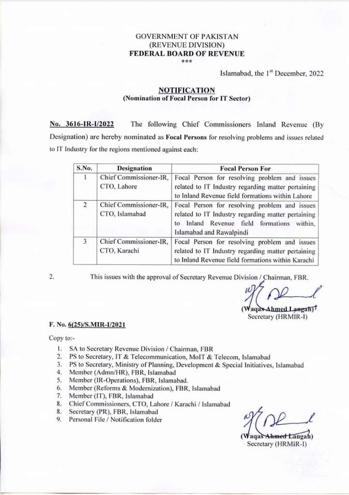 Focal persons appointed by FBR for IT Industry. IT Exporters Facing Issue in Filing Income Tax Returns | Section 154A @1%.
