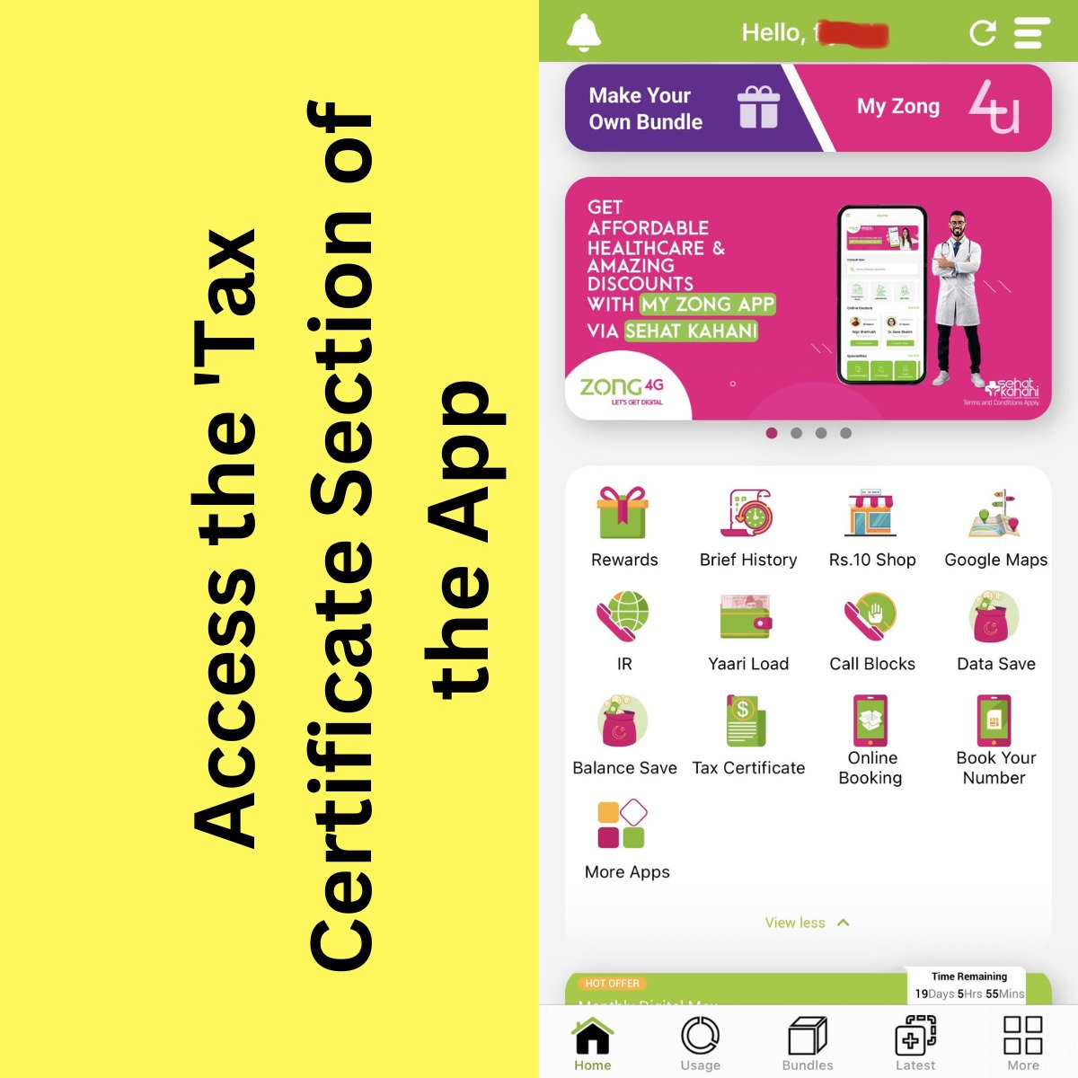 Access the tax certificate section of the my zong App