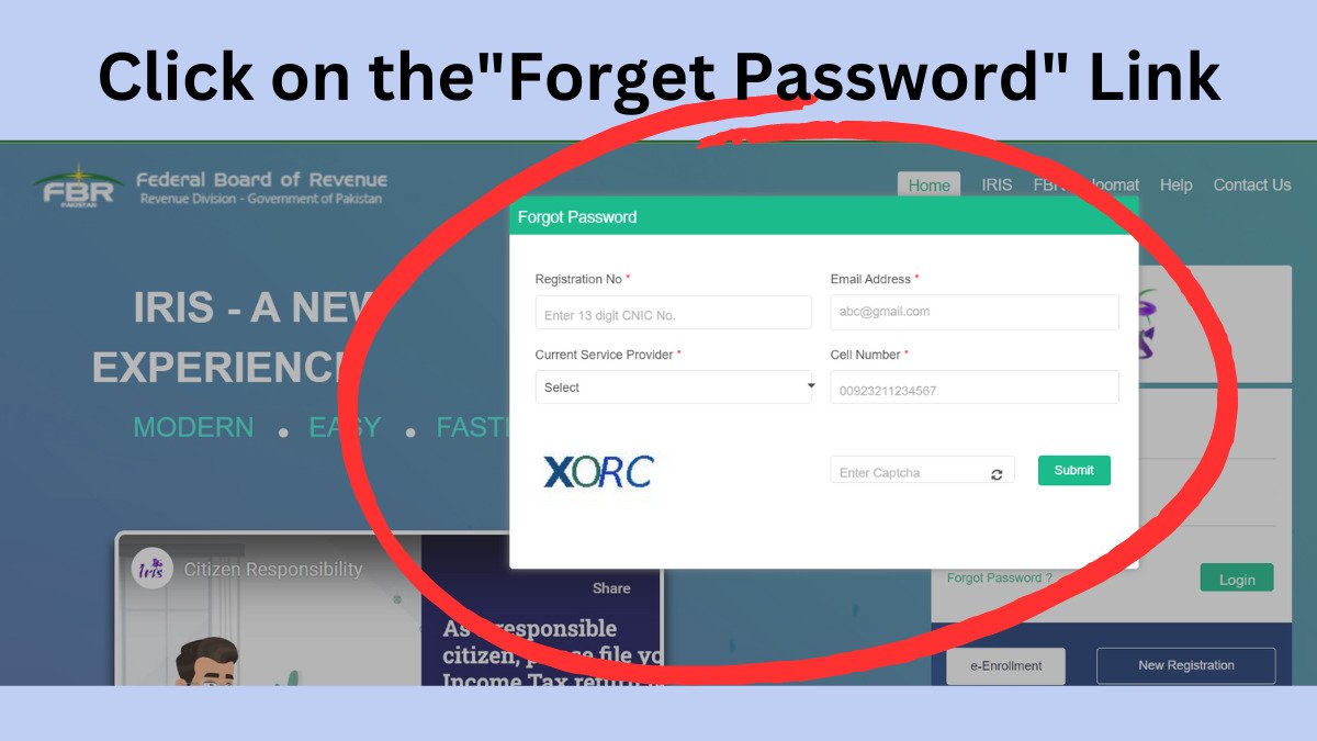 click on the forget password link to recover FBR iris password