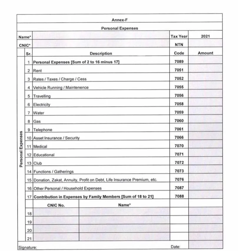 Income Tax Returns form Annexure F