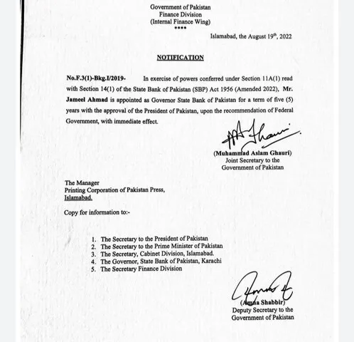 State Bank of Pakistan Appointed Jameel Ahmad as New Governor.
