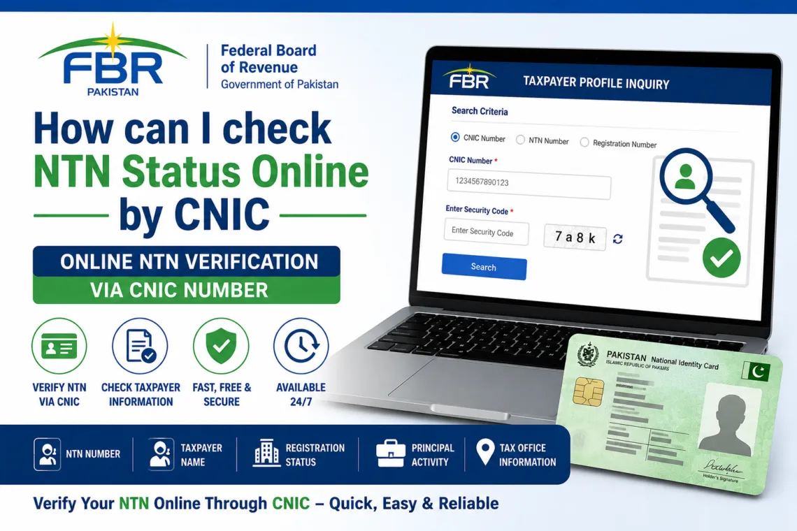 Step-by-step guide showing how to use FBR Taxpayer Profile Inquiry for online NTN and taxpayer verification using CNIC, NTN, Passport Number, or Registration Number.
