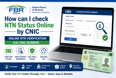 Step-by-step guide showing how to use FBR Taxpayer Profile Inquiry for online NTN and taxpayer verification using CNIC, NTN, Passport Number, or Registration Number.