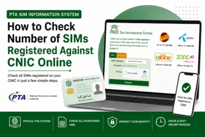 Featured image showing how to check the number of SIMs registered against a CNIC online through the PTA SIM Information System in Pakistan.