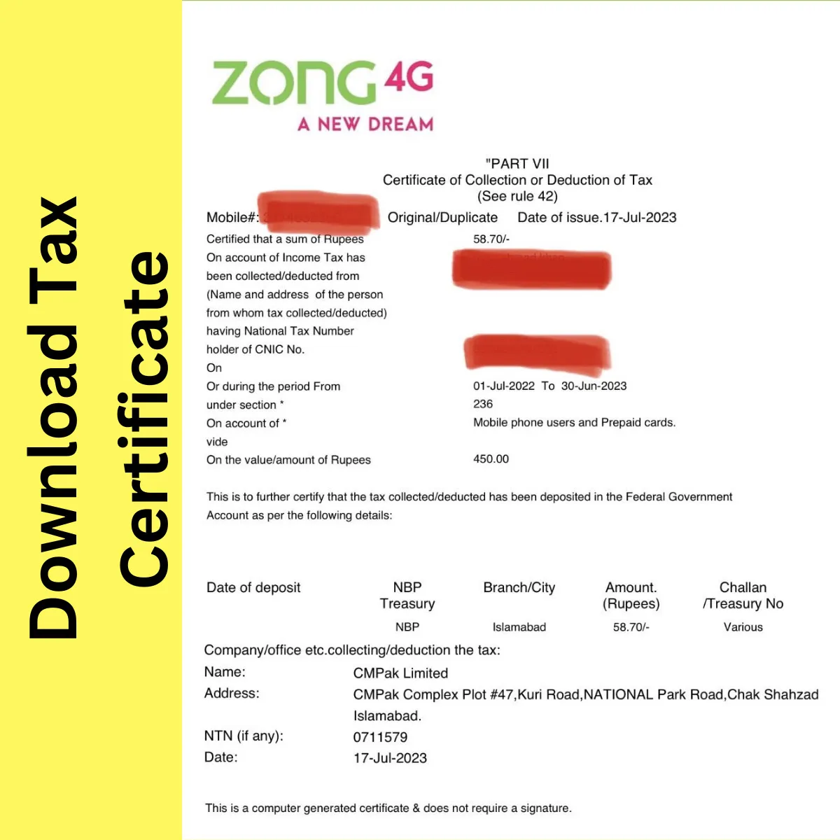 download tax certificate from my zong app