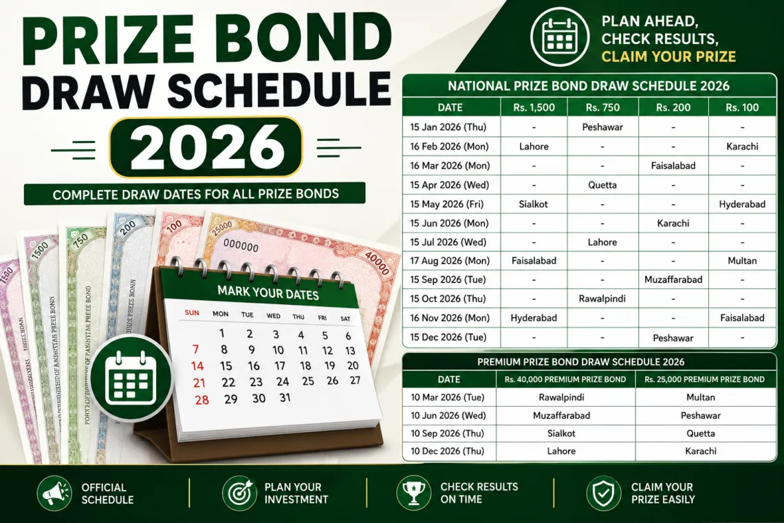 Prize Bond Draw Schedule 2026 Pakistan showing draw dates for Rs. 100, Rs. 200, Rs. 750, Rs. 1,500, Rs. 25,000 and Rs. 40,000 Premium Prize Bonds.