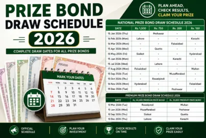 Prize Bond Draw Schedule 2026 Pakistan showing draw dates for Rs. 100, Rs. 200, Rs. 750, Rs. 1,500, Rs. 25,000 and Rs. 40,000 Premium Prize Bonds.