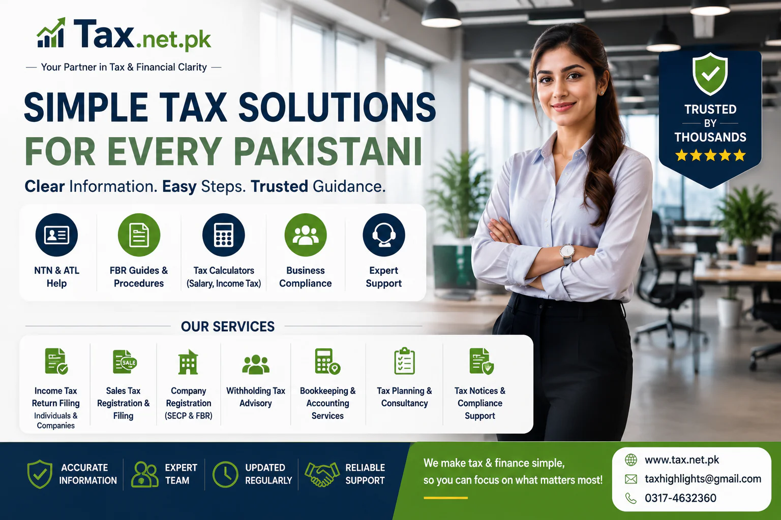 Tax.net.pk tax and financial services banner showing simple tax solutions for every Pakistani including NTN and ATL help, FBR guides, tax calculators, business compliance, and expert support.