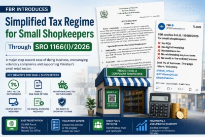 FBR SRO 1166(I)/2026 introducing a simplified tax regime for small shopkeepers in Pakistan with 1% turnover tax, one-page return, no POS requirement, and no digital invoicing.