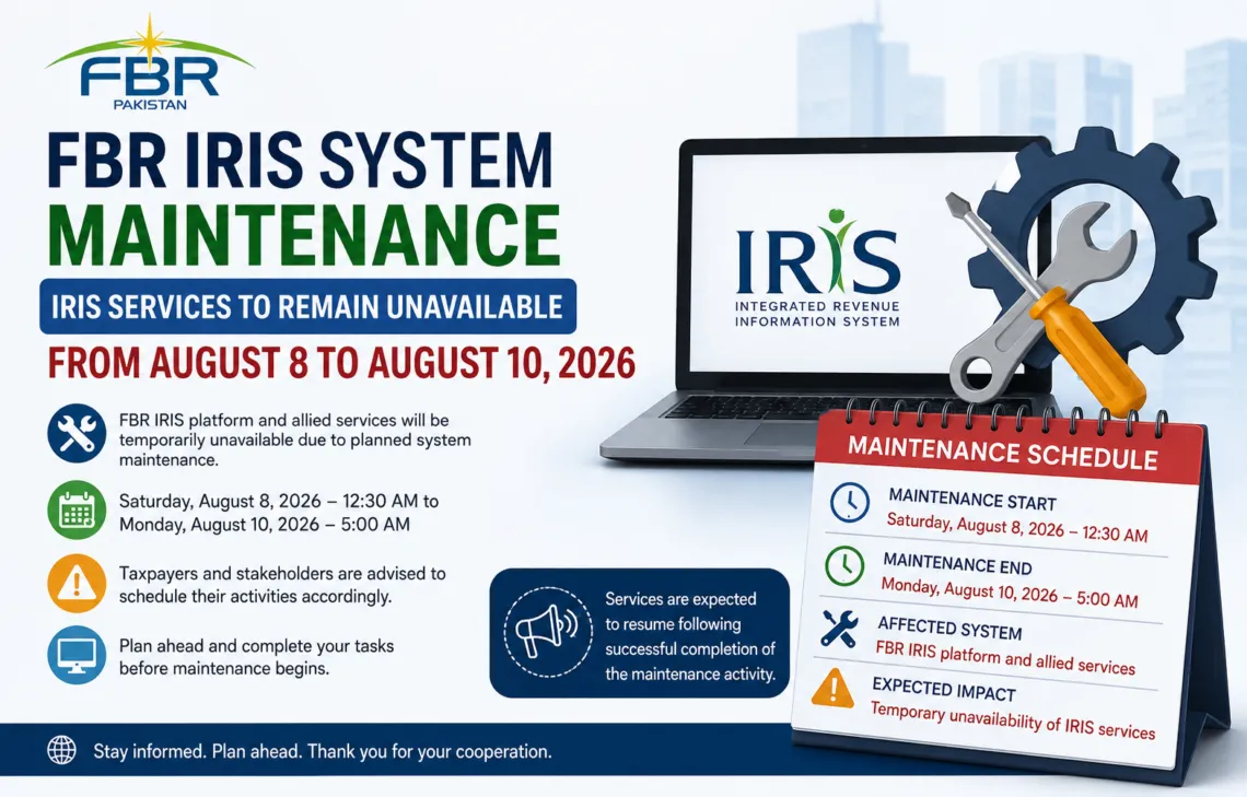 FBR IRIS system maintenance from August 8 to August 10, 2026
